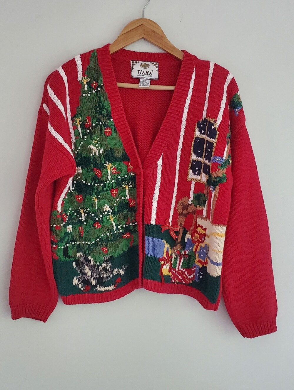 Tiara International Vintage Red Christmas Tree Knit Cardigan Size Large 12/14